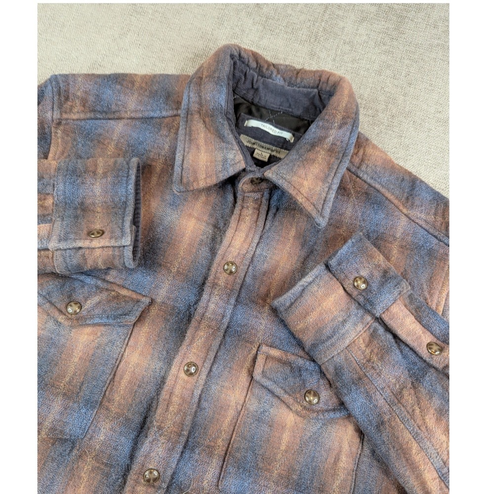 Johnston Murphy Shirt Jacket Mens L Brown Plaid Flannel Quilted Lined Pearl Snap